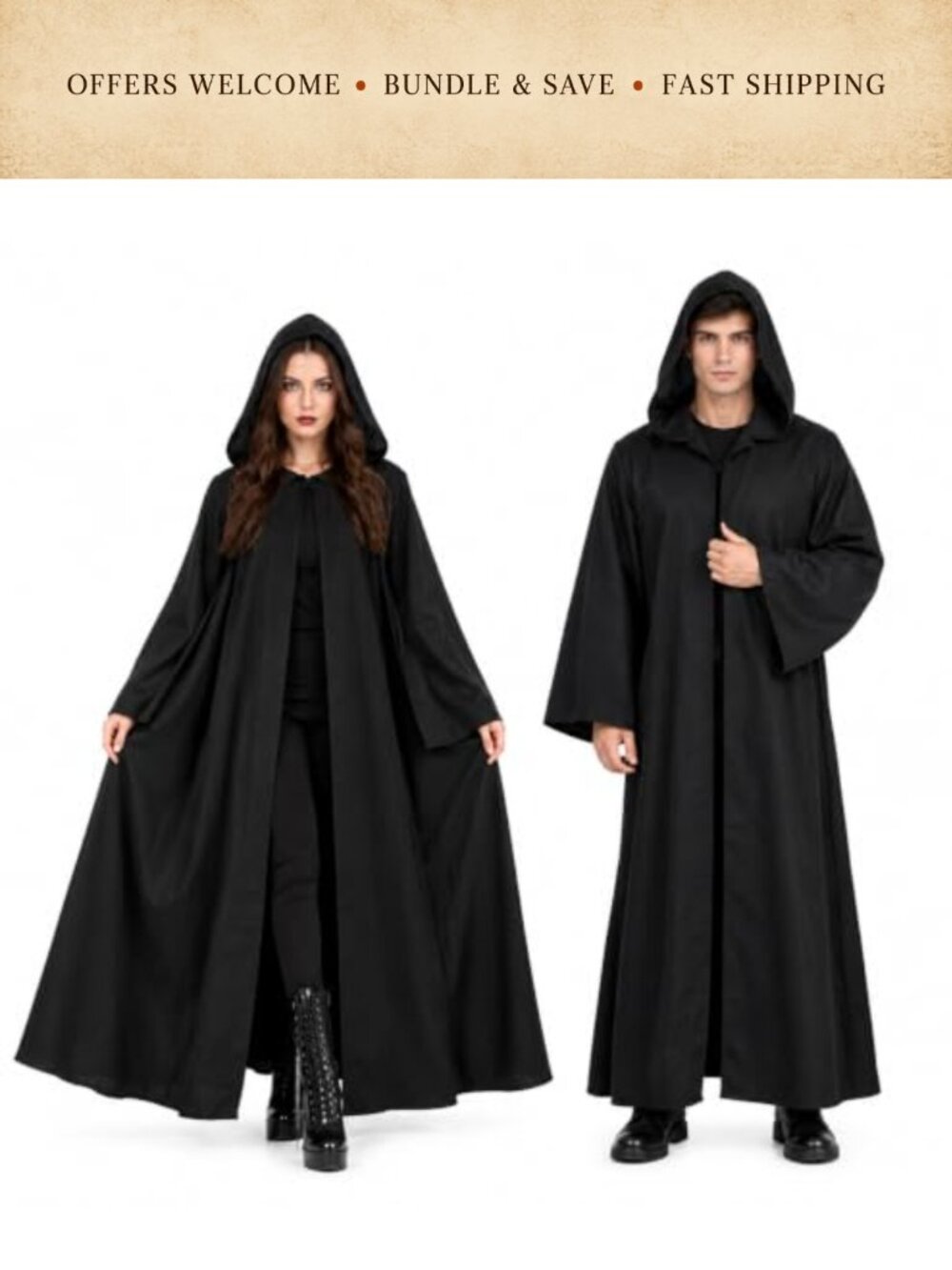 Adult Unisex Black Hooded Cloak Halloween Costume Vampire Witch Cape
